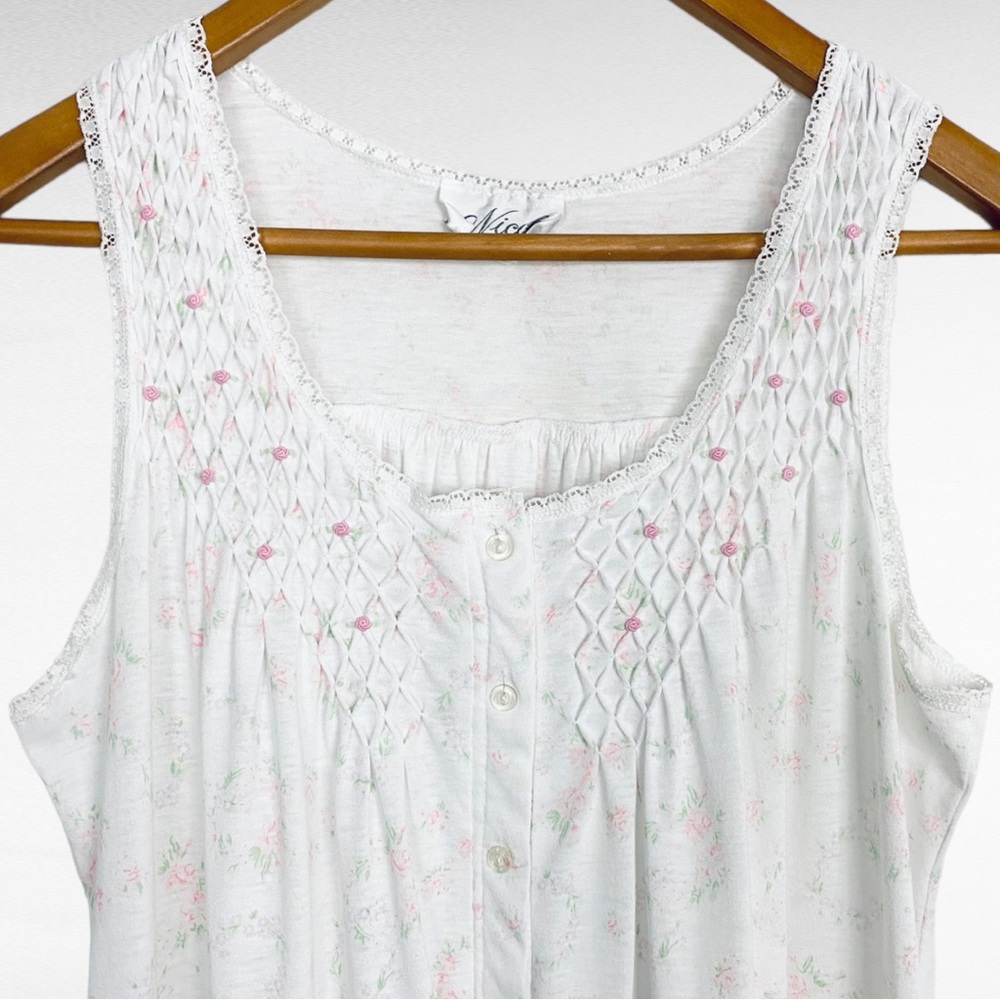 VINTAGE | Nicole White Pink Ditsy Florals Sleeveless Lace Ruffled Lounge Dress - Picture 5 of 10